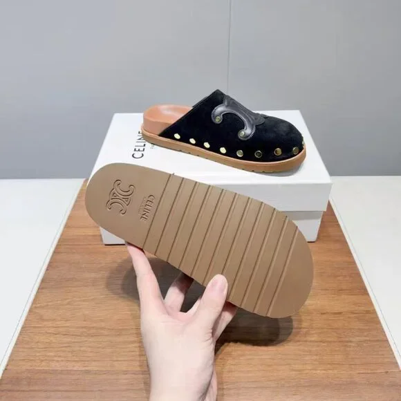 Celine Black Suede Mules with Gold Studs and Logo - Picture 5 of 6